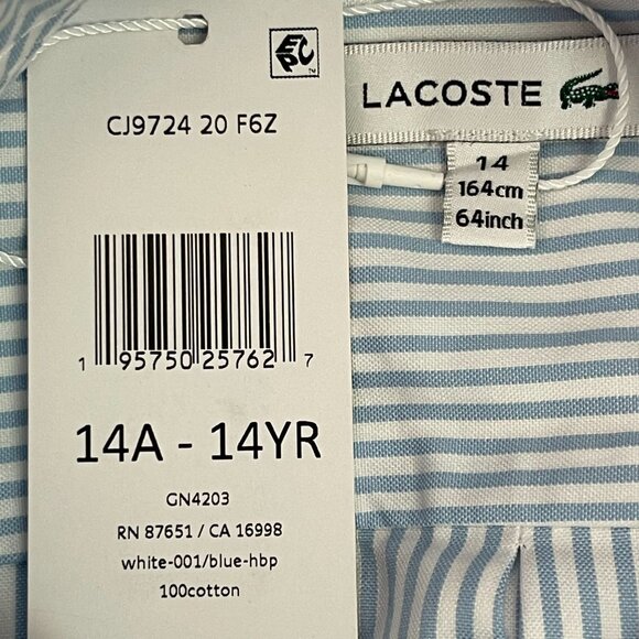 NWT Lacoste Kids' White Blue Striped Print Oxford Cotton Shirt Size 14 Years - Picture 4 of 8